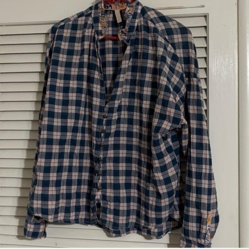 Anthropologie Pilcro  Ruffle Neck Plaid/floral Shirt Top Long Sleeve Multicolor